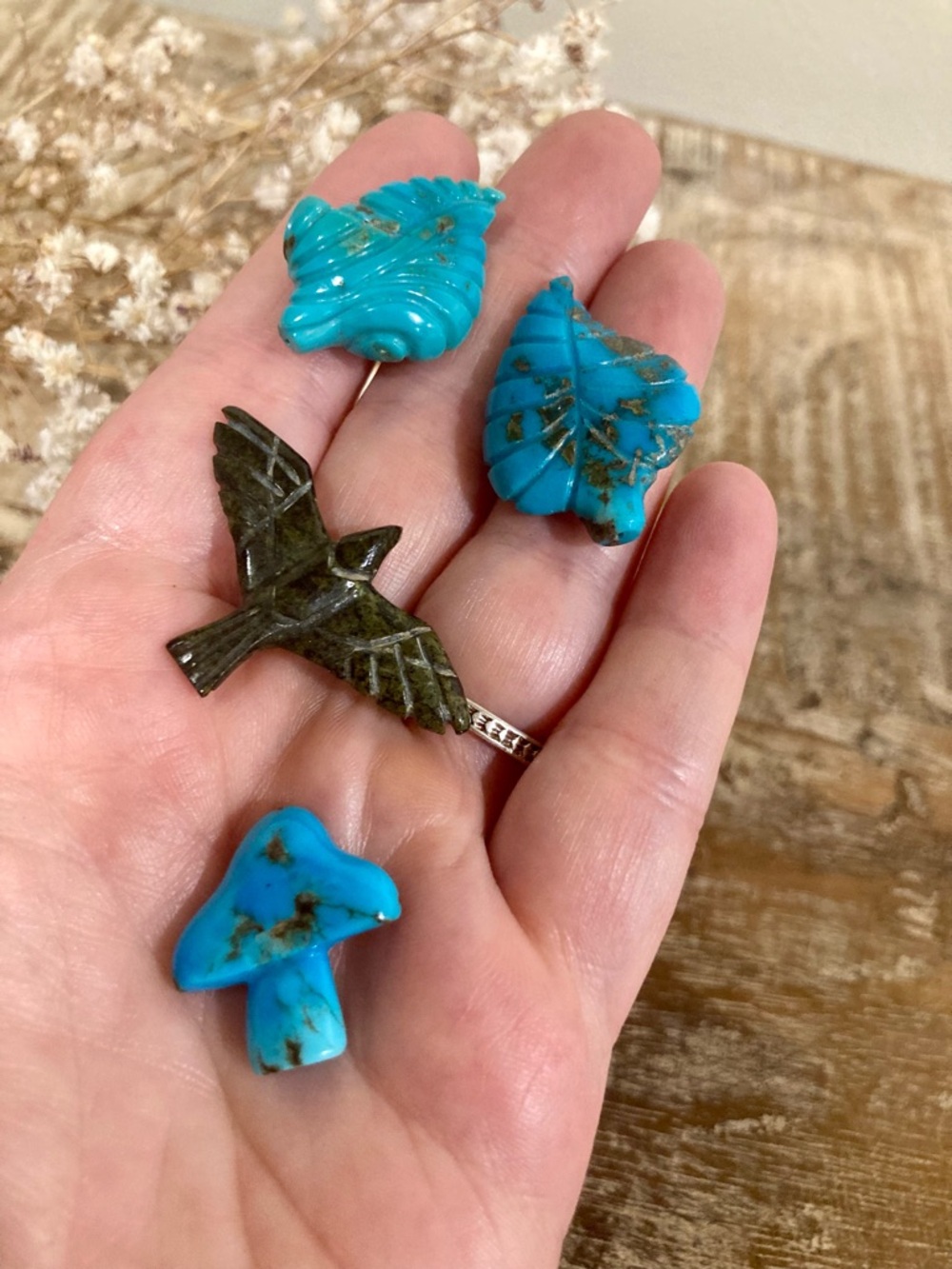 4 Small Stone Carvings Leaves Mushroom & Bird Green and Turquoise Colored - Picture 2 of 11